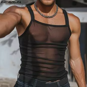 INCERUN Men Summer Strap Sleeveless See Through Mesh Sheer Party Tank Tops 3XL