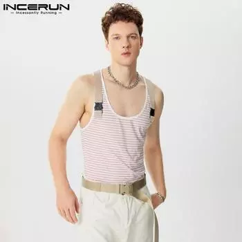 INCERUN Мужские летние топы без рукавов в полоску, повседневный жилет в стиле пэчворк S зелёный