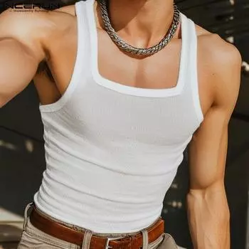 INCERUN Men Summer Strap Sleeveless Texture Casual Tank Tops Undershirts S чёрный