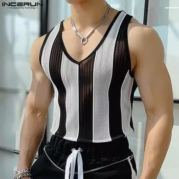 INCERUN Men Summer Striped Mesh Sleeveless Tank Tops Party Bech Patchwork See Through Vest