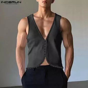 INCERUN Men Summer V Neck Sleeveless Buttons Casual Skinny Rib Tank Tops M чёрный