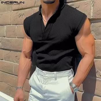 INCERUN Мужские летние майки без рукавов с V-образным вырезом, свободные повседневные майки S светло-коричневого