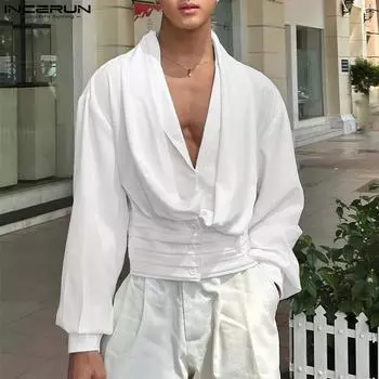 INCERUN Мужские рубашки с воротником-стойкой и длинным рукавом, повседневные однотонные короткие топы S