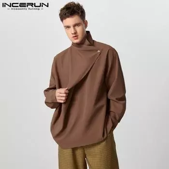 INCERUN Men Swing Collar Side Buttons Long Sleeve Tops Spring T-shirts S чёрный