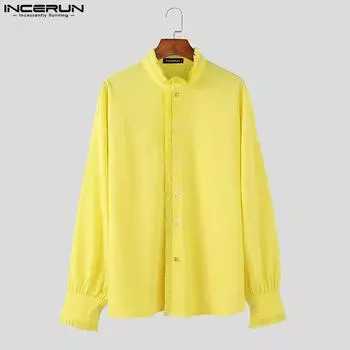 INCERUN Men Tassel Stand Neck Long Sleeve Buttons Casual Texture Shirts Tops S белый