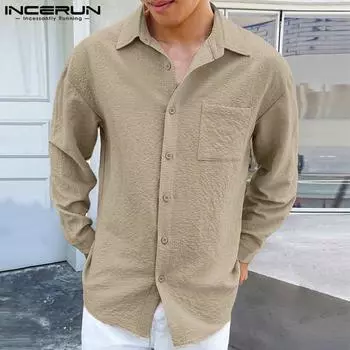 INCERUN Мужские фактурные однотонные топы с длинным рукавом, повседневные рубашки на пуговицах S хаки