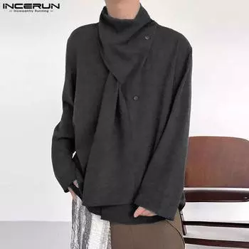 INCERUN Men Tie Bib High Neck Loose Buttons Casual Tops Long Sleeve Shirts 4XL зелёный