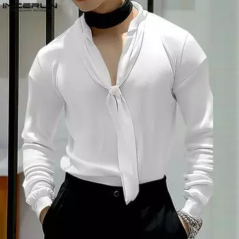 INCERUN Мужские свободные топы с завязками на шее и длинными рукавами Повседневные пуловеры S чёрный