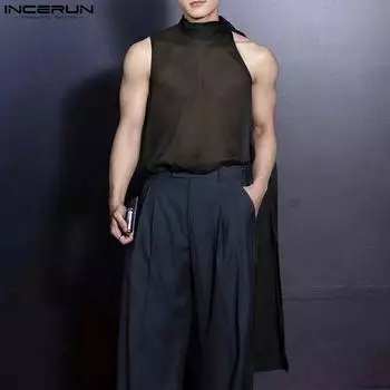 INCERUN Men Tie Neck Sleeveless See Through Mesh Sheer Party Club Tank Tops L