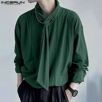 INCERUN Мужские рубашки с завязками на шее и длинным рукавом, однотонные офисные топы S чёрный