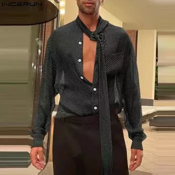 INCERUN Men Tie Up Long Sleeve Semi-Sheer Polka Dots Shirts Tops S вино красного