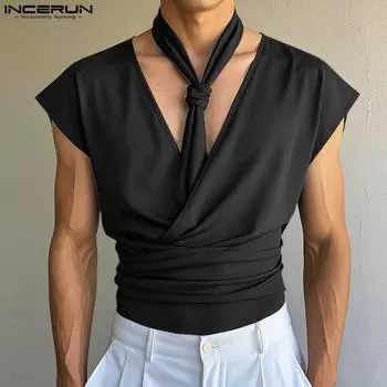 INCERUN Men Tie V Neck Sleeveless Solid Color Twisted Slim Waist Tank Tops S чёрный