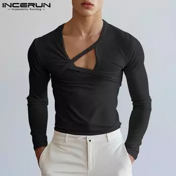 INCERUN Men Tops U Neck Cutout Long Sleeve Fitted Undershirts T-shirts XL чёрный