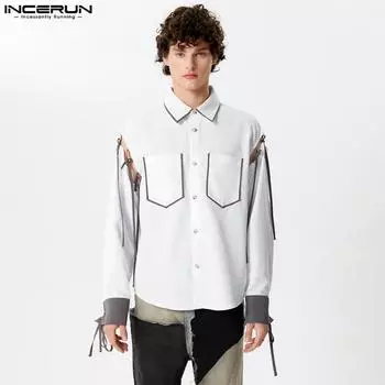 INCERUN Мужские лоскутные рубашки с отложным воротником и длинными рукавами на шнуровке 3XL белый