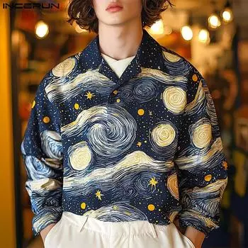 INCERUN Men Turn-down Collar Long Sleeve Buttons Floral Print Casual Loose Shirts S темно-синий