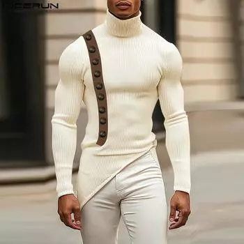 INCERUN Мужские однотонные нерегулярные повседневные вязаные свитера с отложным воротником M чёрный