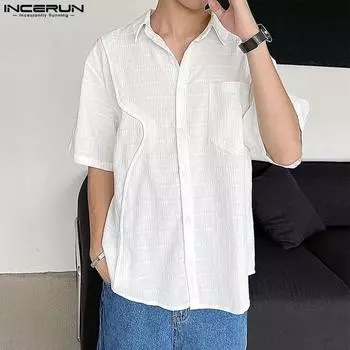 INCERUN Мужские рубашки с отложным воротником и текстурой, свободные топы больших размеров S чёрный
