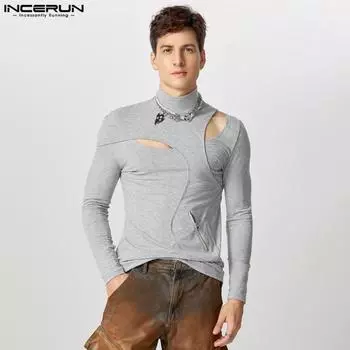 INCERUN Men Turtleneck Long Sleeve Hollow Cutout Tops Slim T-shirts S чёрный