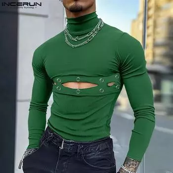 INCERUN Men Turtleneck Long Sleeve Hollow Tops Slim T-shirts L чёрный