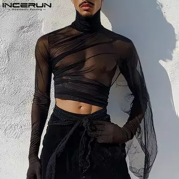 INCERUN Men Turtleneck Long Sleeve Ruffled See Through Mesh Tops Party Cropped T-Shirts 3XL