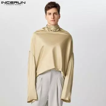 INCERUN Men Turtleneck Long Sleeve Shirts Backless Loose Satin Tops S чёрный