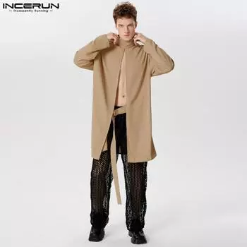INCERUN Men Turtleneck Long Sleeve Splits Open Front Long Shirts Thin Tops S хаки