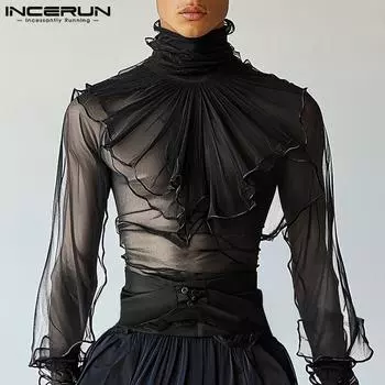 INCERUN Men Turtleneck Ruffled Layers Long Sleeve See Through Party Mesh Sheer Tops XL