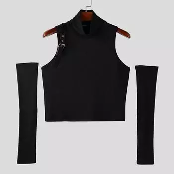 INCERUN Men Turtleneck Sleeveless Rib Casual Fitted Crop Tank Tops with Oversleeve S