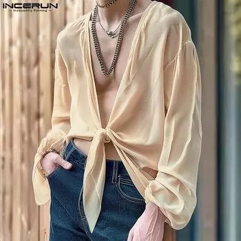 INCERUN Мужской кардиган с длинным рукавом и переплетенным узором, свободные прозрачные топы 4XL бежевый