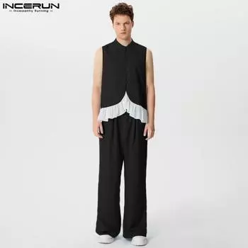 INCERUN Мужской повседневный комплект из двух предметов: жилет и брюки с оборками и низом 2XL чёрный