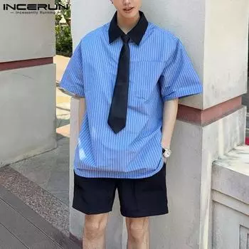 INCERUN Мужские комплекты из двух частей: рубашки с коротким рукавом на завязках, в полоску, пэчворк, и короткие брюки, повседневные M хаки