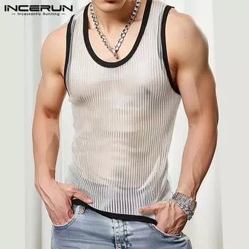 INCERUN Men U Neck Sleeveless Mesh Crochet Tank Tops Summer Vest