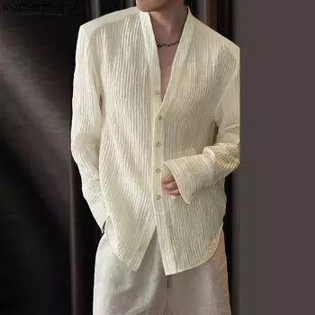 INCERUN Men V Neck Buttons Long Sleeve Texture Tops Casual Loose Kimonos Shirts XL чёрный