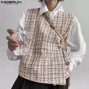 INCERUN Men V Neck Front Cross Sleeveless Waistcoat Texture Plaid Vest Coats 2XL чёрный