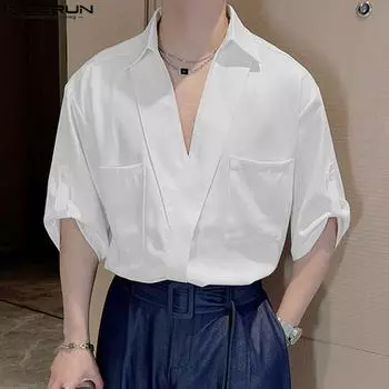 INCERUN Men V Neck Half Sleeve Shirts Casual Loose Front Cross Tops S белый
