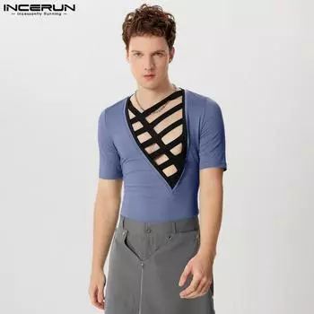 INCERUN Мужские футболки с коротким рукавом и V-образным вырезом в стиле пэчворк 4XL серый
