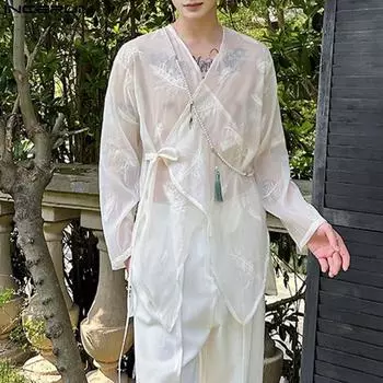 INCERUN Мужские прозрачные кардиганы с V-образным вырезом и шнуровкой, с вышивкой, с длинным рукавом, кимоно, топы 4XL белый