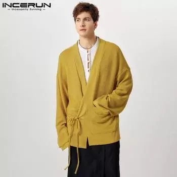 INCERUN Men V Neck Long Sleeve Bandage Knitted Cardigan Kimono Tops S чёрный