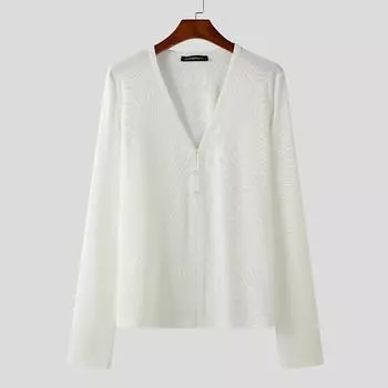 INCERUN Men V Neck Long Sleeve Buttons Rib Casual Fitted Tops T-shirts Undershirts S