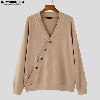 INCERUN Мужской свитер с V-образным вырезом и длинным рукавом, с перекрестными пуговицами спереди, трикотажный топ из рубчика S зелёный