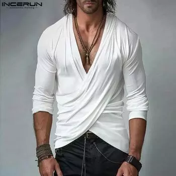 INCERUN Мужские футболки с V-образным вырезом и длинным рукавом с кисточками спереди 2XL чёрный