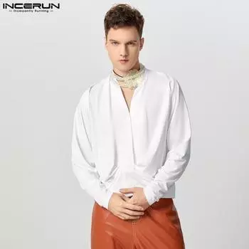 INCERUN Men V Neck Long Sleeve Front Twisted Short Shirts S чёрный
