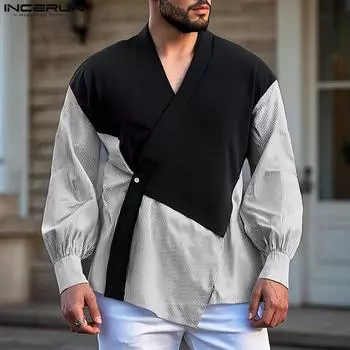 INCERUN Men V Neck Long Sleeve Front Cross Striped Patchwork Casual Irregular Shirts Tops 2XL чёрный