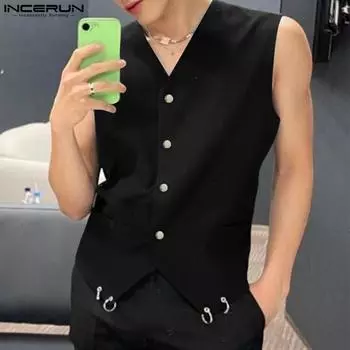 INCERUN Men V Neck Sleeveless Button Splits Hem Casual Thin Vest Waistcoat S чёрный