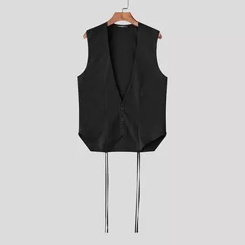 INCERUN Men V Neck Sleeveless Casual Solid Color Irregular Tanks Waistcoats чёрный