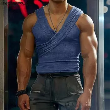 INCERUN Мужские майки с V-образным вырезом без рукавов, повседневные, однотонные, для вечеринок 2XL темно-серого