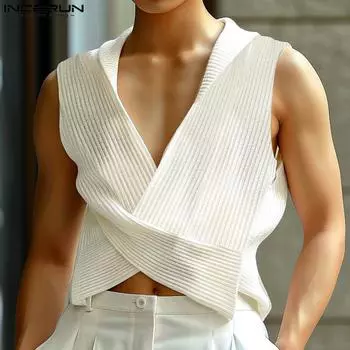 INCERUN Мужские майки без рукавов с V-образным вырезом и перекрестными бретелями спереди, трикотажный жилет M белый