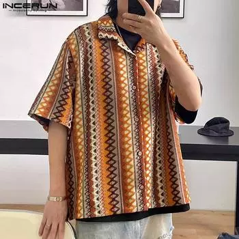 INCERUN Men Vintage Bohemia Crochet Striped Short Sleeve Shirts Casual Patchwork Lapel Tops
