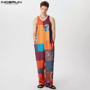 INCERUN Мужской винтажный цветочный принт пэчворк длинный комбинезон комбинезон S оранжевый