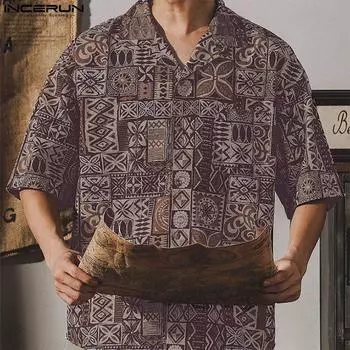 INCERUN Мужские рубашки с коротким рукавом и винтажным цветочным принтом, повседневные этнические ретро-топы с пуговицами M хаки